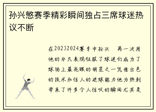 孙兴慜赛季精彩瞬间独占三席球迷热议不断
